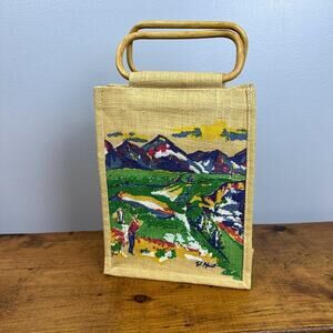 Mural‎ Painted Canvas Tan Green Art Design Tote Purse with Wooden Handles